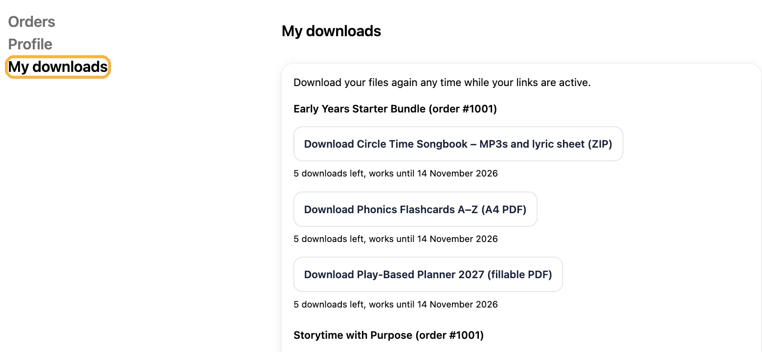 My downloads page in a customer account, grouped by order