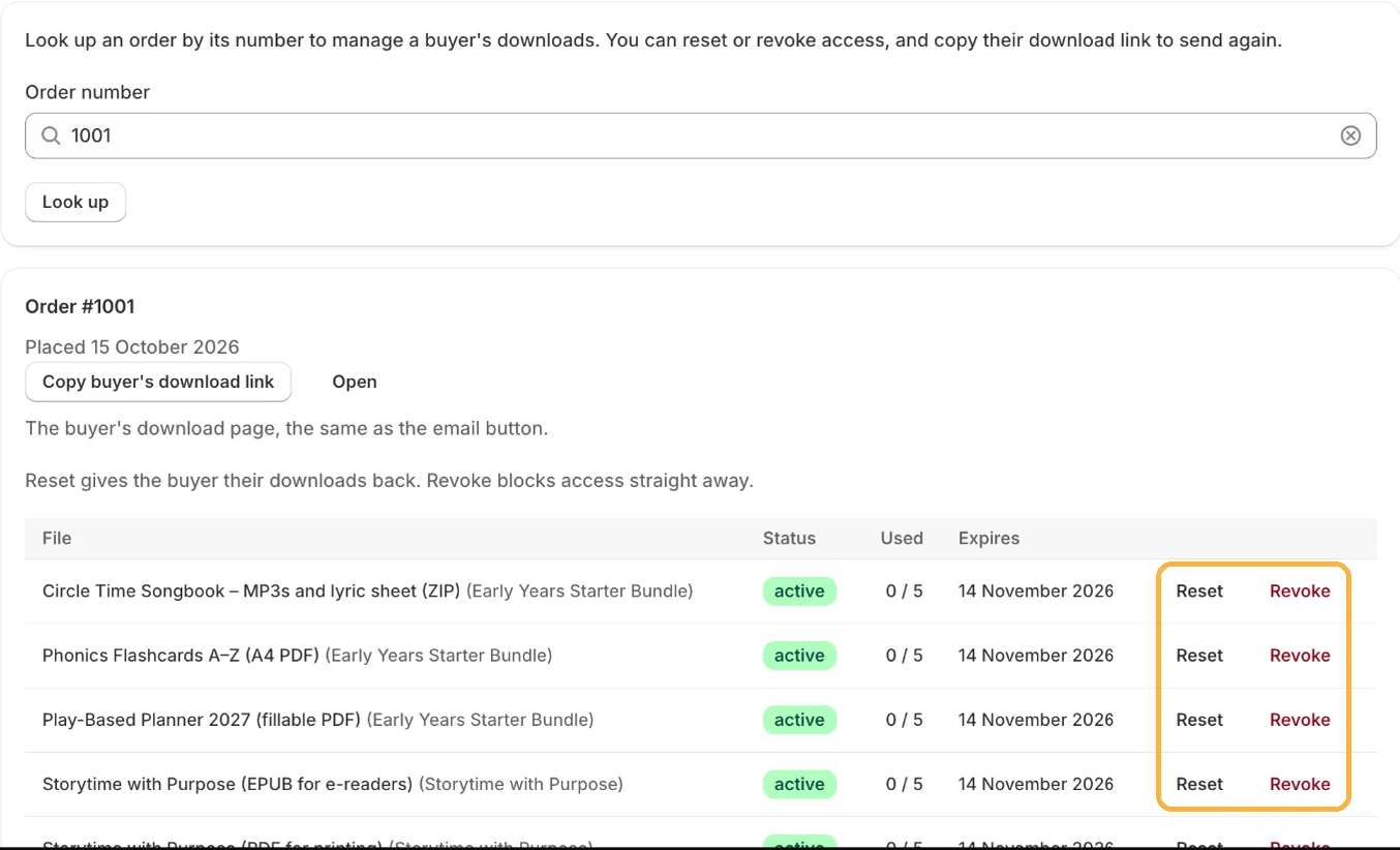 App Orders page showing download counts, expiry, and Reset and Revoke