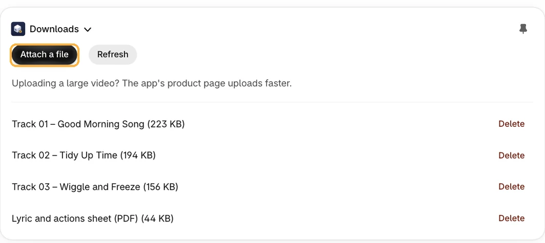 Downloads block on a Shopify product with four attached files