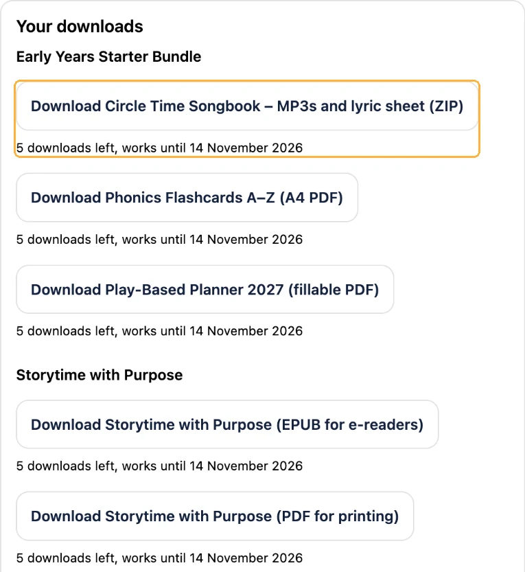 Thank-you page with download buttons, limits and expiry dates