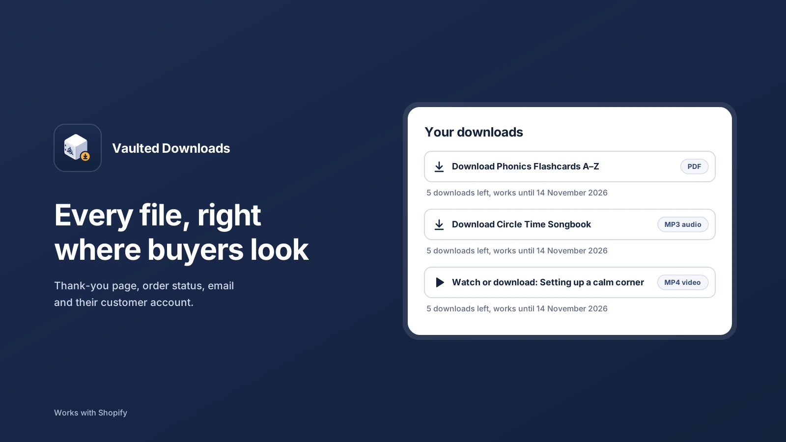 Downloads card with PDF, audio and video download buttons