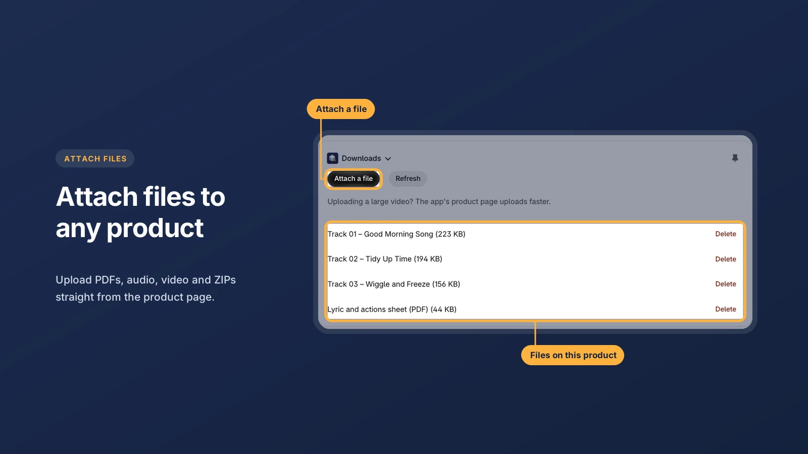 Product page Downloads block with Attach a file and four files